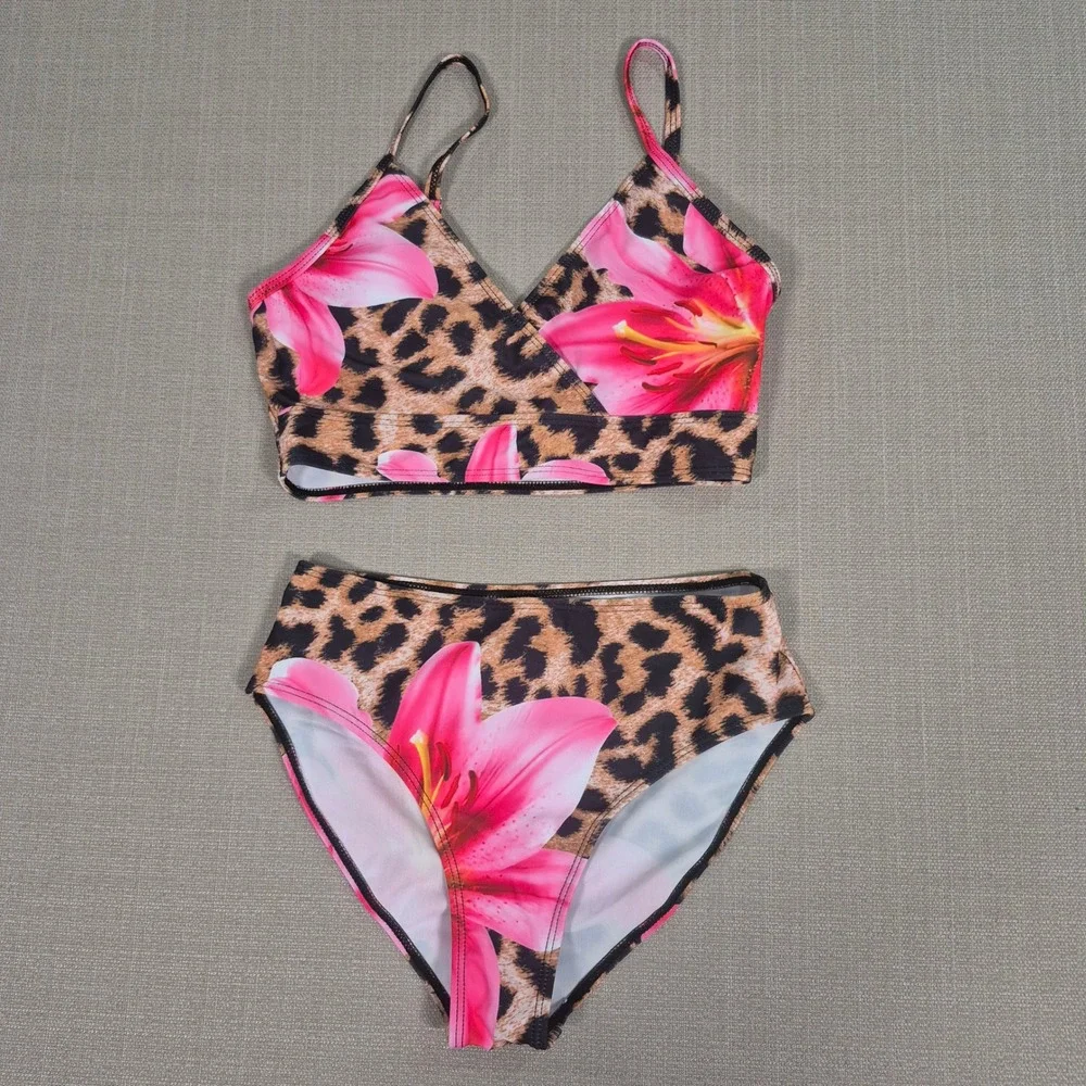 Girls Leopard Floral 3 Piece Swimsuit Bikini Sarong Set Pink Lily Size 12Y